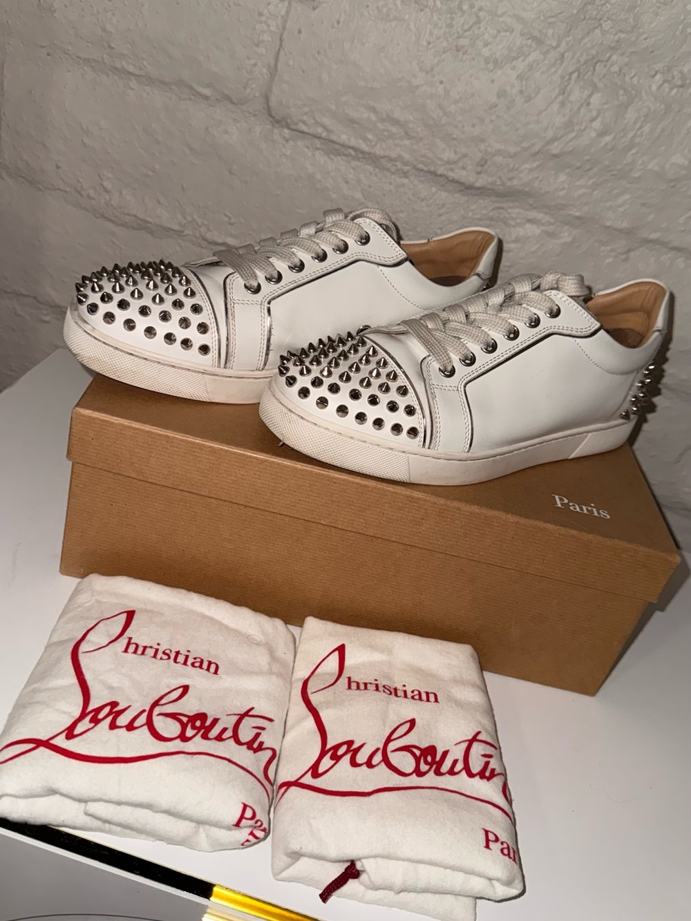 Christian Louboutin White Leather Spike-Stud Low-Top Sneakers